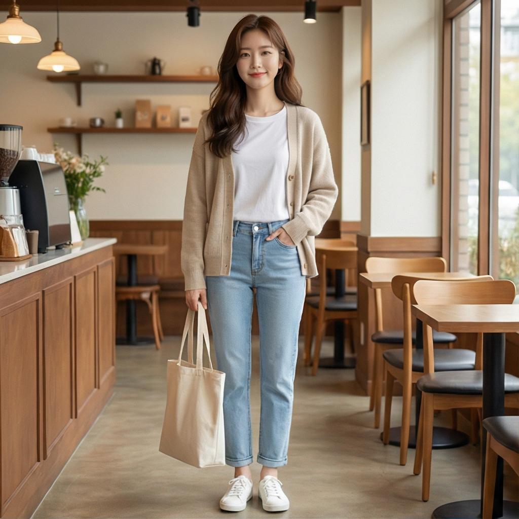 흰색 티셔츠와 가디건: 편안하고 자연스러운 데일리 룩