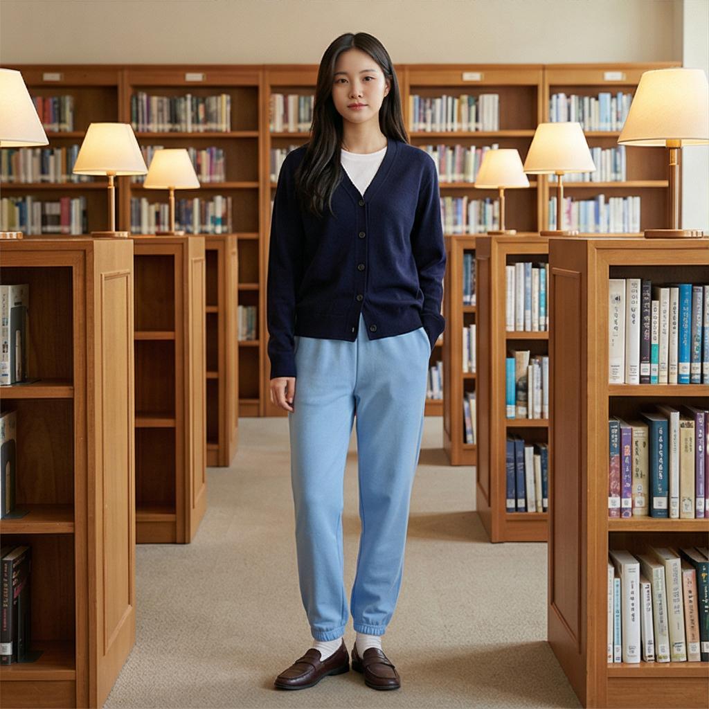 네이비 니트 카디건: 단정한 도서관 룩