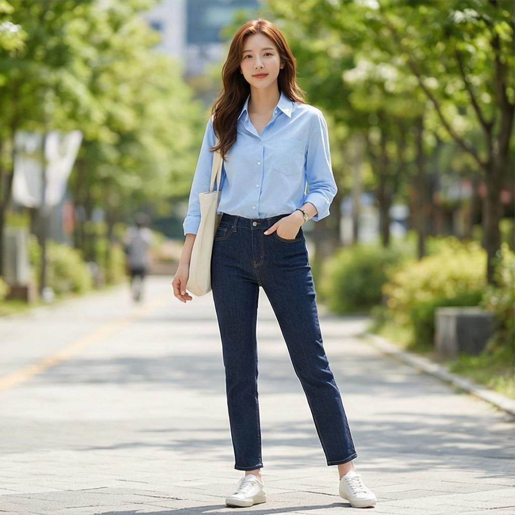 진청 데님: 활동적이고 편안한 나들이 룩