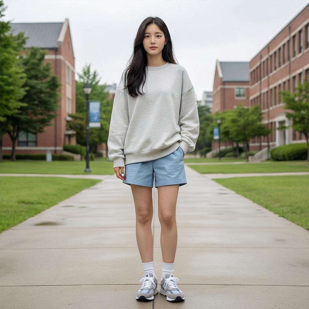 라이트 그레이 맨투맨: 여유로운 꾸안꾸 캠퍼스 룩