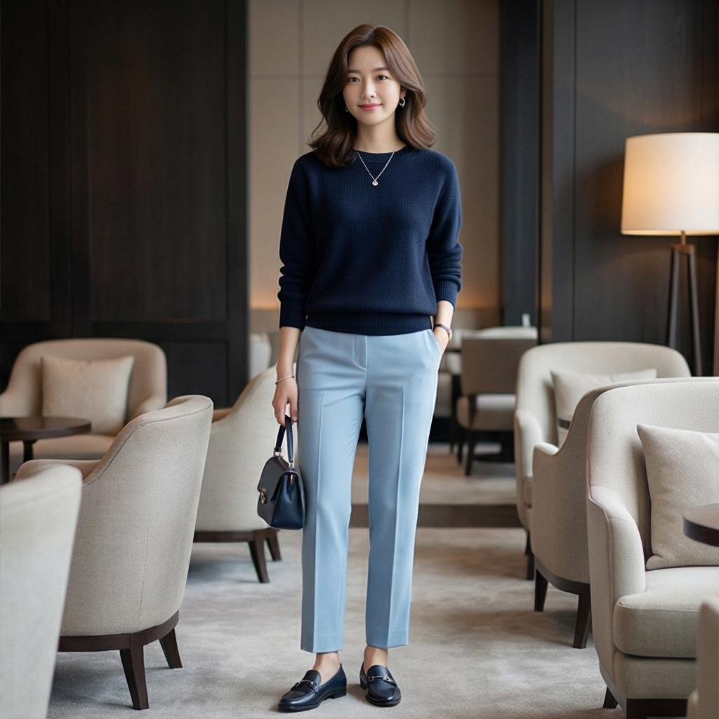 네이비 니트: 지적인 비즈니스 캐주얼 룩