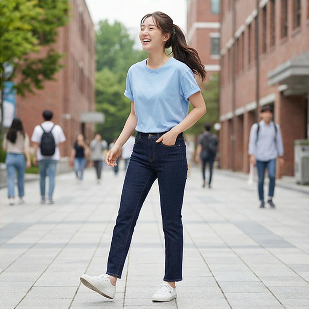 진청 데님 팬츠: 활동적이고 깔끔한 캠퍼스 룩