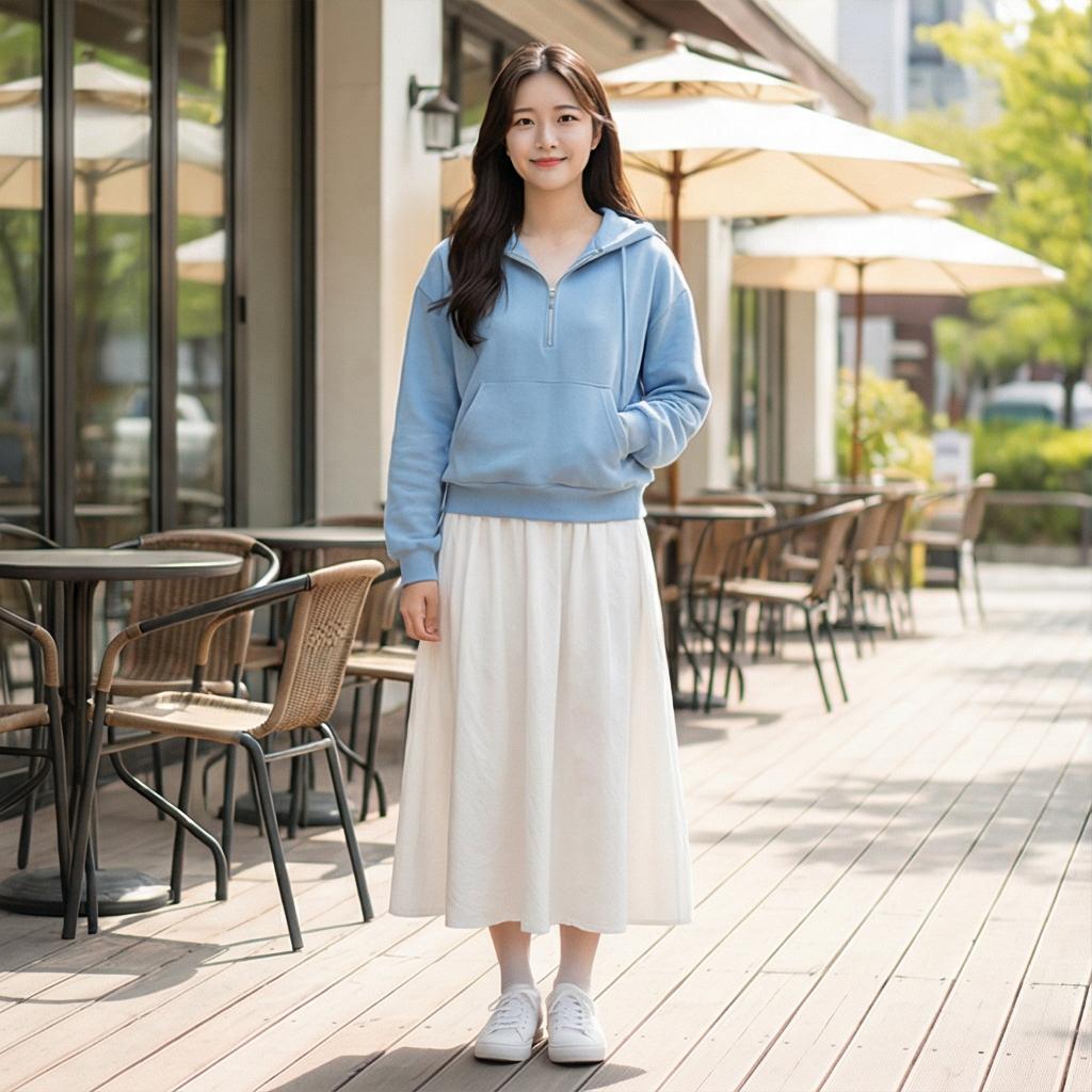 화이트 롱 스커트: 부드러운 나들이 분위기