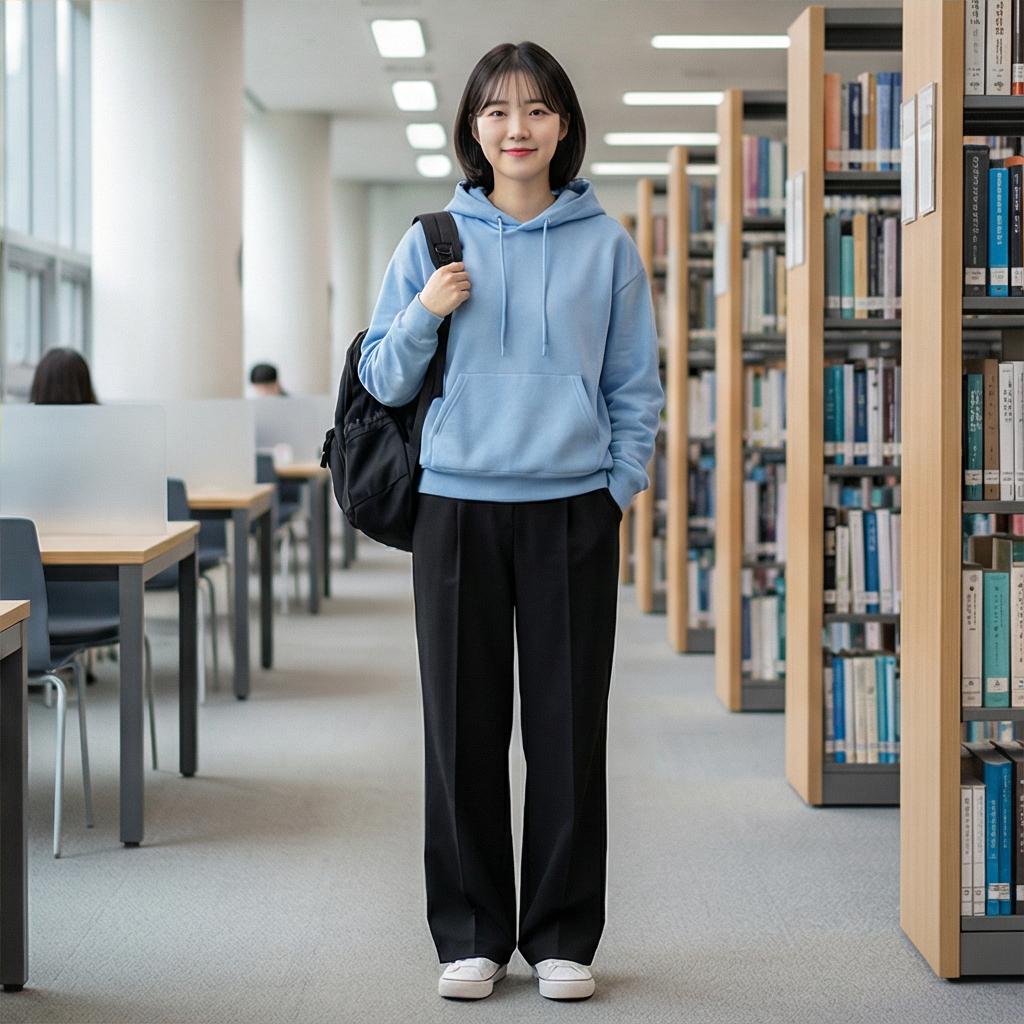 블랙 와이드 슬랙스: 단정한 도서관 스타일