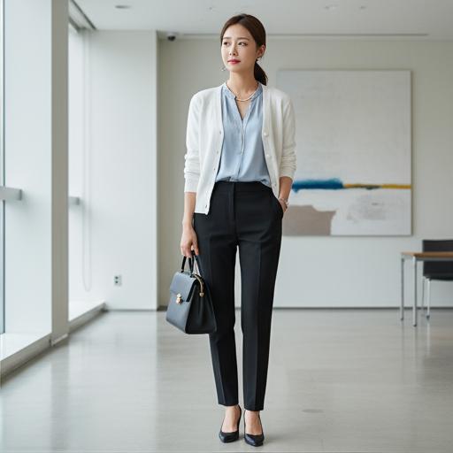 검정색 슬랙스 + 블라우스: 단정한 비즈니스 캐주얼룩