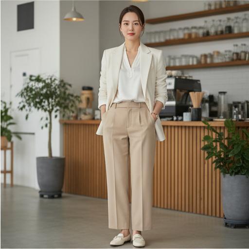 베이지 와이드팬츠와 셔츠: 미니멀 출근룩