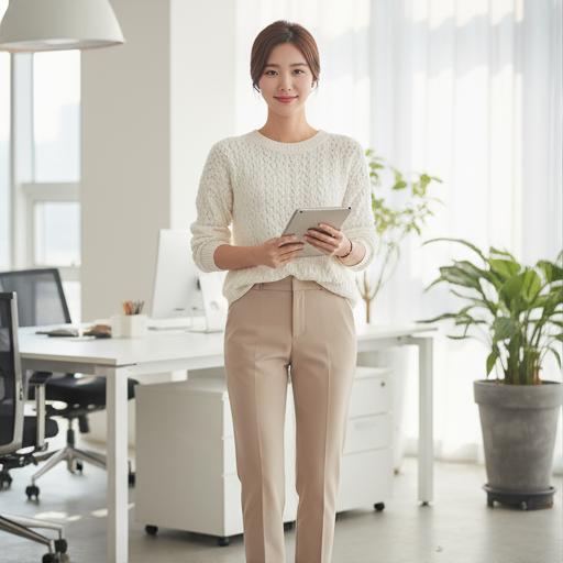 베이지색 슬랙스와 흰색 니트: 깔끔한 오피스룩