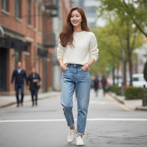 데님 팬츠와 흰색 니트: 편안한 데일리룩