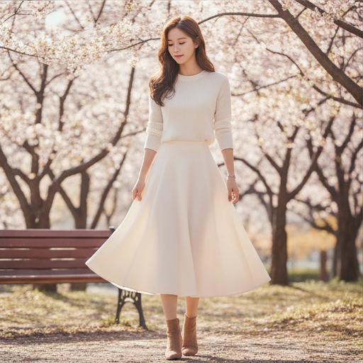 플레어 스커트와 라운드넥 흰 니트: 여성스러운 데이트룩
