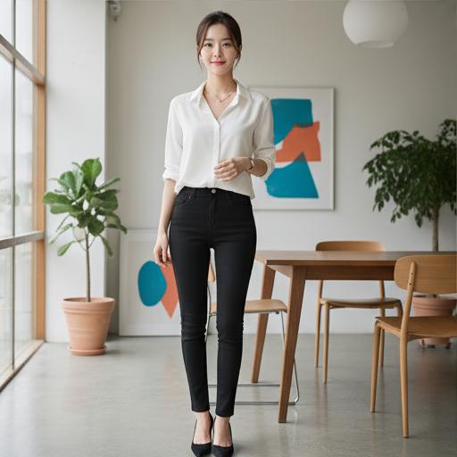 검정 스키니 팬츠 + 로퍼: 세련된 비즈니스 캐주얼