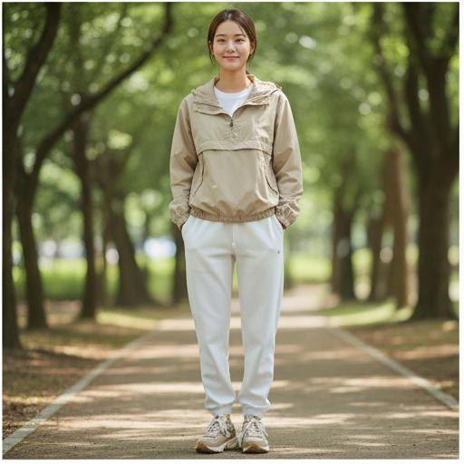 베이지색 바람막이: 활동적인 주말 야외 활동 룩