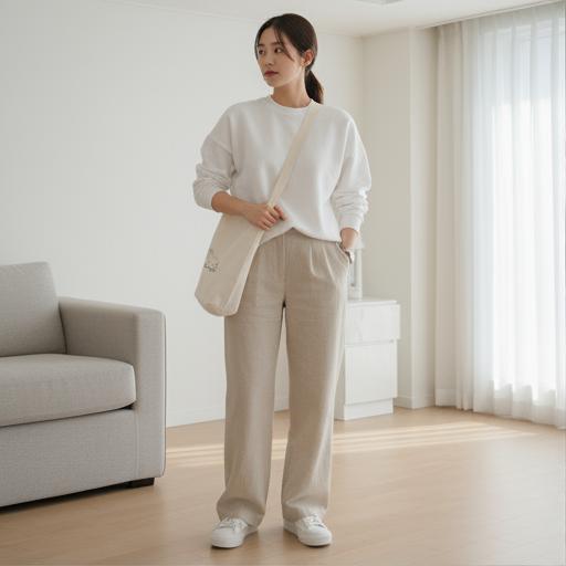 베이지 와이드팬츠: 미니멀 데일리룩