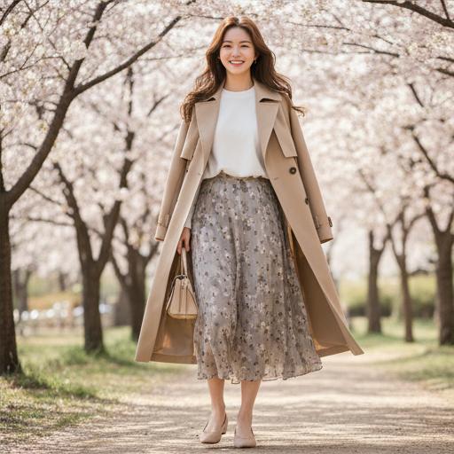 트렌치코트 & 미디 스커트: 여성스러운 데이트룩