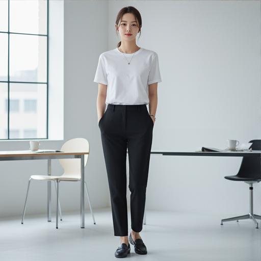 블랙 스트레이트 팬츠, 로퍼: 단정한 오피스룩