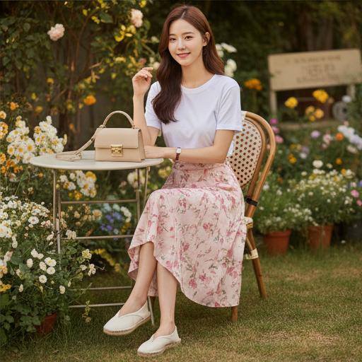 미디 스커트, 플랫 슈즈: 여성스러운 데이트룩