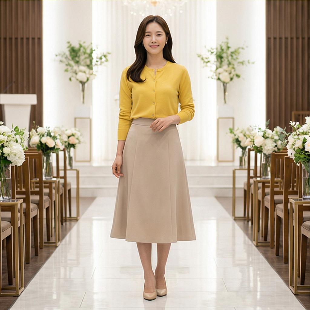 베이지색 롱 스커트: 부드러운 분위기의 하객룩