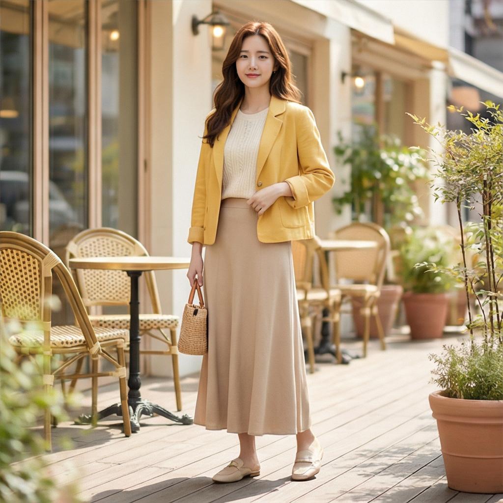 베이지 롱스커트: 부드러운 나들이 룩