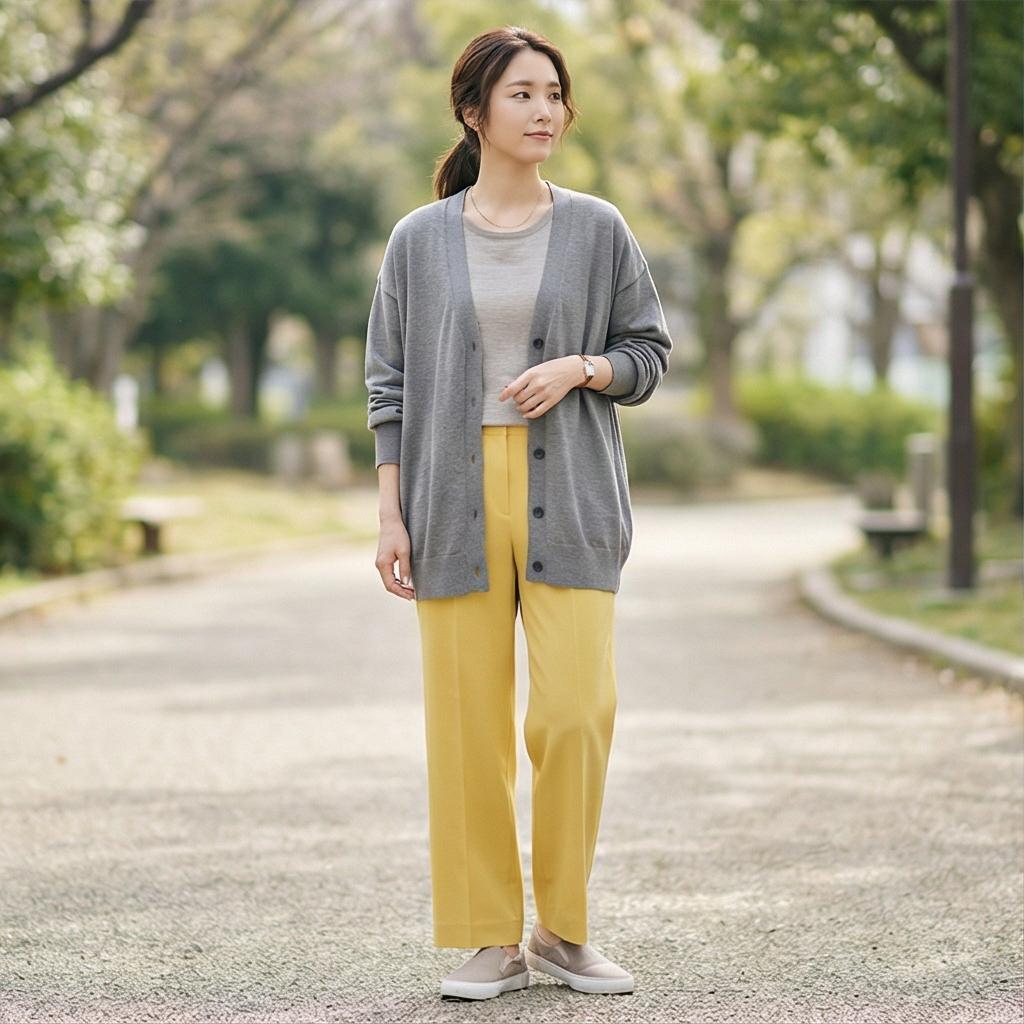 회색 가디건: 세련된 나들이 룩