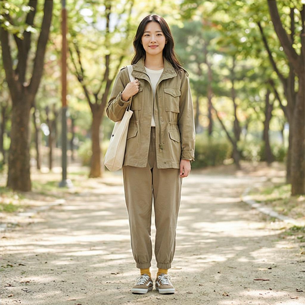 카키색 야상 점퍼: 편안한 근교 나들이 룩
